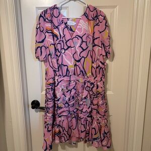 Tanya Taylor Women's Size 16 Silk V Neck Floral Knee Length Dress